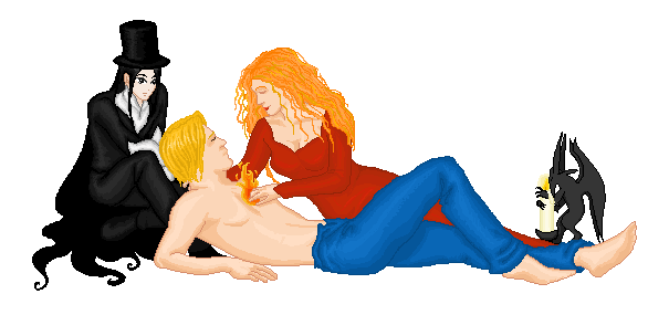 Julien, Paul & Chryséïs by Akane & Lorelei. Incredible pixel work!!! Paul says "when will we meet again?", Chryséïs answers: "When Algé (me)  have finished the 4th book! " XD